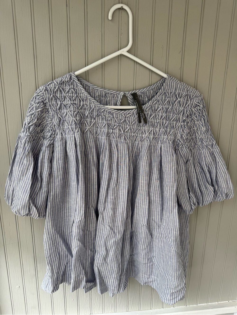 Anthropologie Blue and White Smocked Stripe Blouse - S